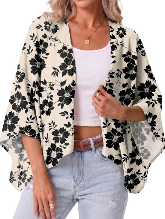 Grecerelle Sweaters - Floral Open-Front Kimono Cardigan - Cream/Black